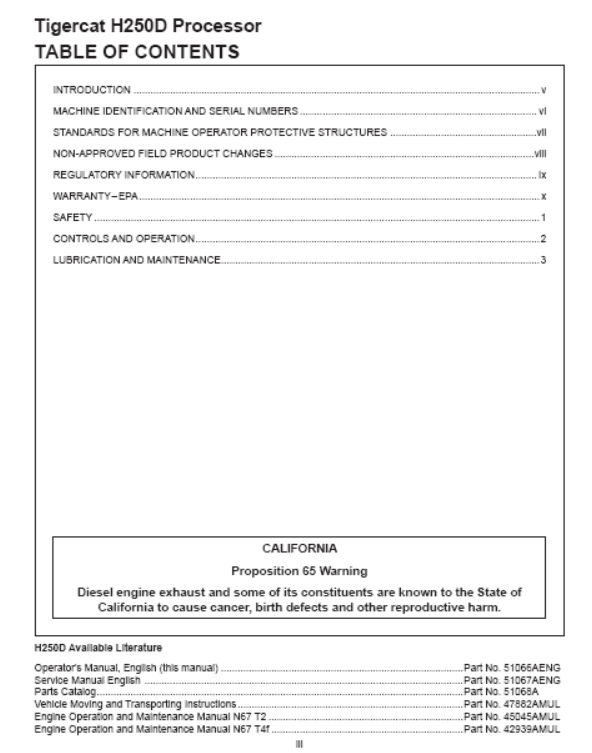 Tigercat H250D Processor Operator/User Manual (250H2201-250H3000)
