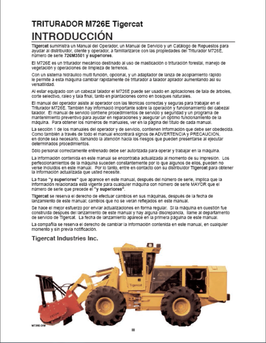 Tigercat M726E Mulcher Operator / User Manual (726M3501 - 726M5000)