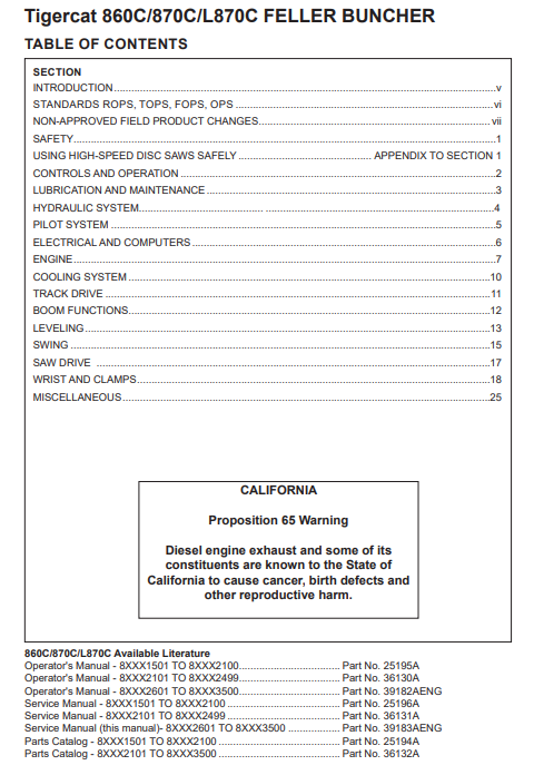 Tigercat 860C Feller Buncher Service Repair Manual (86011501-86013500, 86012601-86013500)