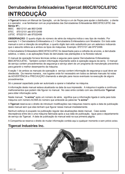 Tigercat 860C Feller Buncher Operator/User Manual (86011501-86013500, 86012101-86012499)