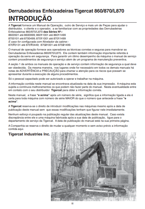 Tigercat 870 Feller Buncher Operator/User Manual (8700101-87011499)