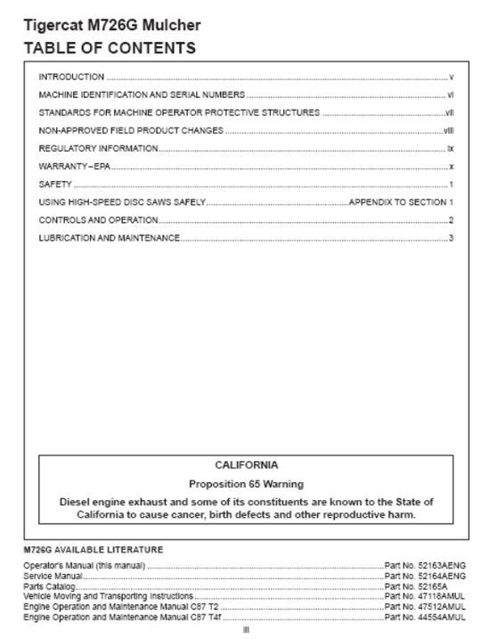 Tigercat M726G Mulcher Operator/User Manual (726M5001-726M6250, 726M5001-726M6000)