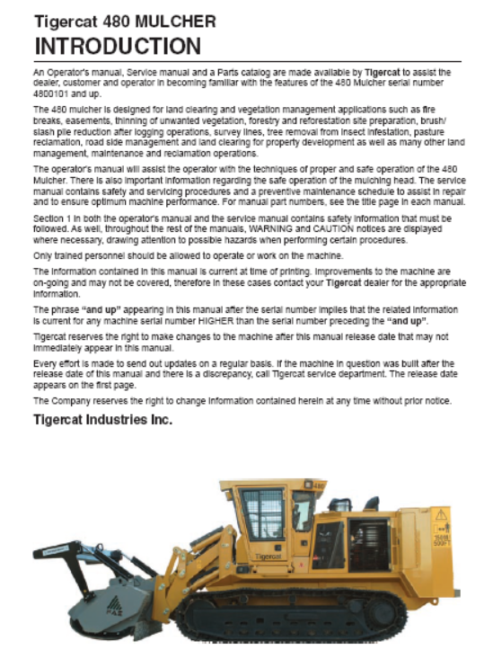 Tigercat 480 Mulcher Operator/User Manual (44800101-4801000)