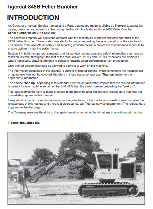 Tigercat L845B Feller Buncher Operator/User Manual (845T0501-845T1499