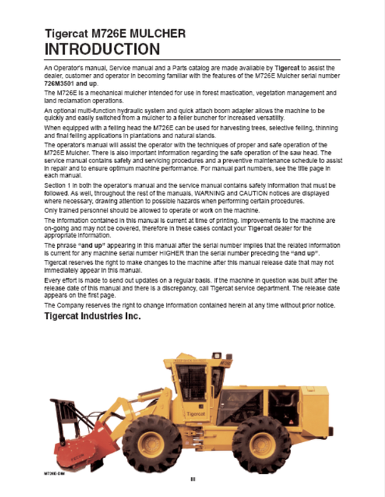 Tigercat M726E Mulcher Operator / User Manual (726M3501 - 726M4000)