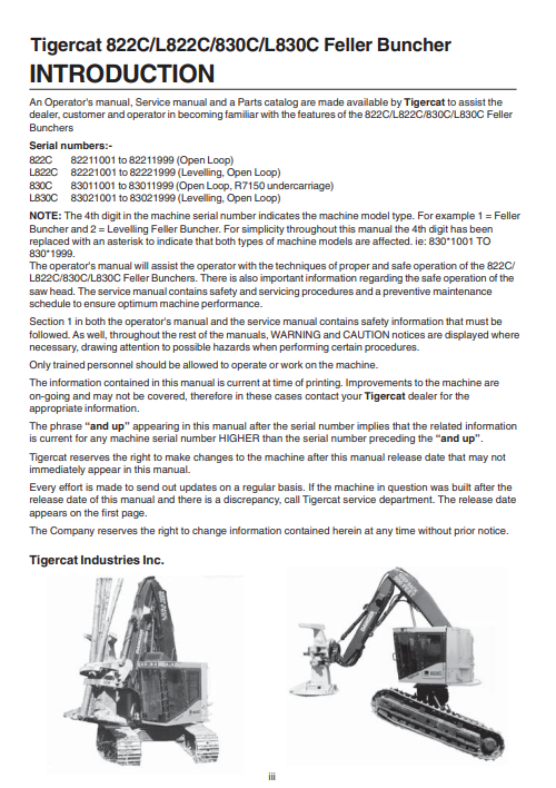 Tigercat L822C Feller Buncher Operator/User Manual (82221001-82223000, 82221001-82221999)