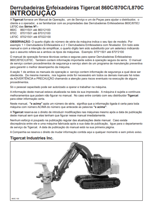 Tigercat 860C Feller Buncher Service Repair Manual (86011501-86013500, 86011501-86012100)