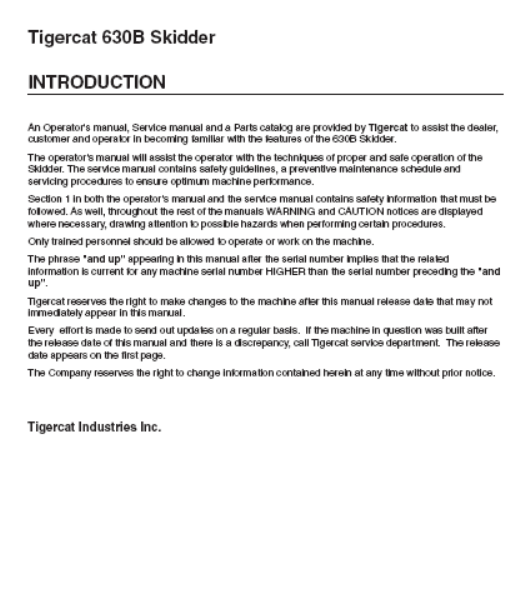 Tigercat 630B Skidder Operator/User Manual (6301001-6301999)