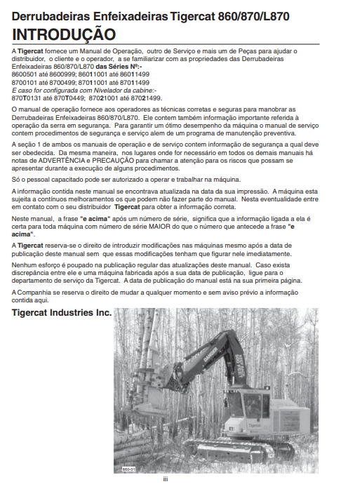 Tigercat 860 Feller Buncher Operator/User Manual (8600501-86011499)