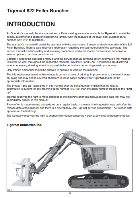 Tigercat 822 Feller Buncher Operator/User Manual (8220101 - 82210999, 822010191-82210999)