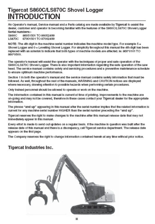 Tigercat S860C Shovel Logger Service Repair Manual (86051501-86052499)