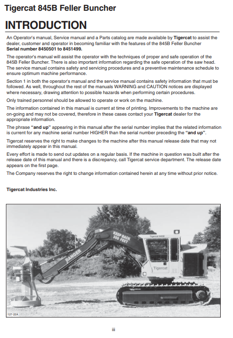 Tigercat 845B Feller Buncher Service Repair Manual (8450501-8451499)