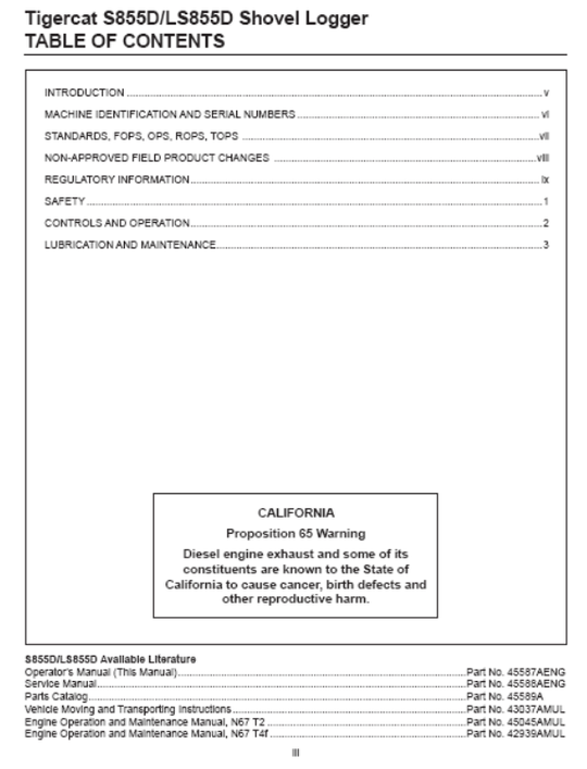 Tigercat S855D Shovel Logger Operator/User Manual (85552001-85553000)
