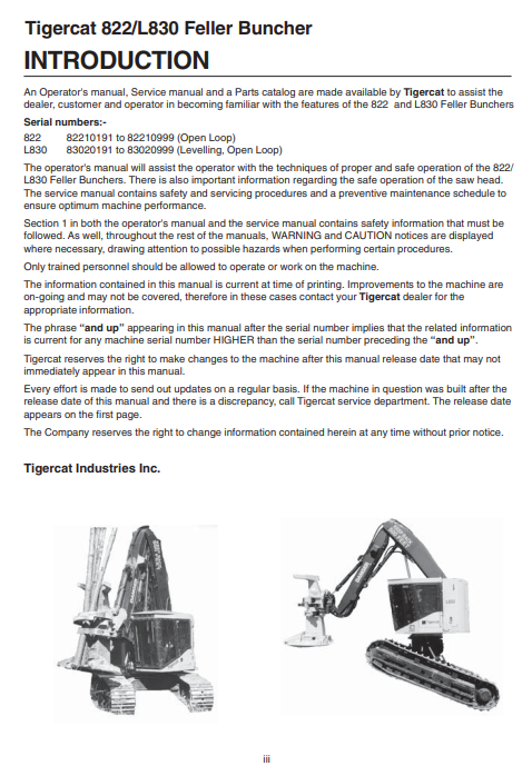 Tigercat L830 Feller Buncher Service Repair Manual (830T0101-83020999, 83020191-83020999)