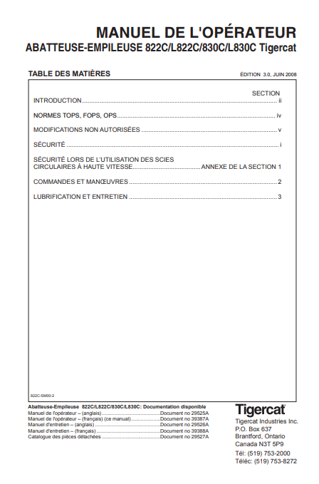 Tigercat L830C Feller Buncher Operator/User Manual (83021001-83023000, 83021001-83021999)
