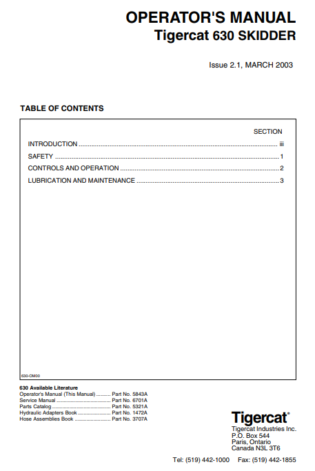 Tigercat 630 Skidder Operator/User Manual (6300101-6300999)