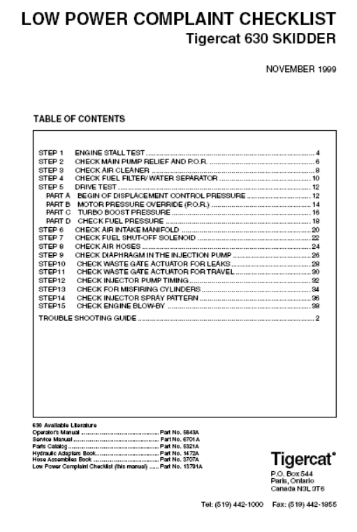 Tigercat 630 Skidder Low Power Checklist Manual (6300101-6300999)