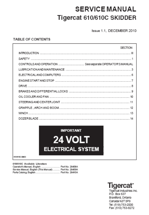 Tigercat 610C Skidder Service Repair Manual (6100301-6101100, 6100301-6100700)
