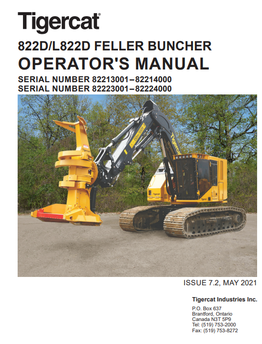 Tigercat 822D Feller Buncher Operator/User Manual (82213001-82214000)