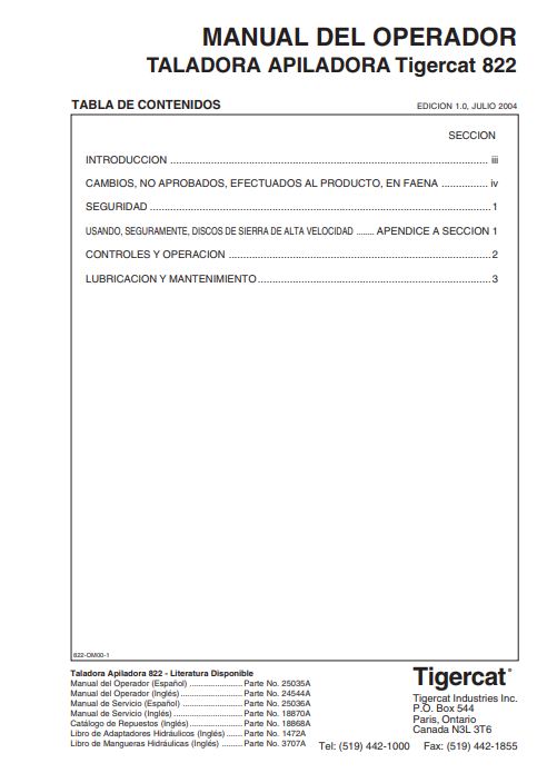 Tigercat 822 Feller Buncher Operator/User Manual (8220101-82210999, 822010191-82210999)