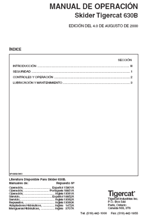 Tigercat 630B Skidder Operator/User Manual (6301001-6301999)