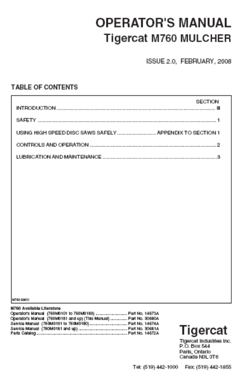 Tigercat M760 Mulcher Operator/User Manual (760M0101-760M0500, 760M0181-760M0500)