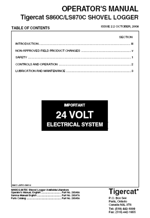 Tigercat S860C Shovel Logger Operator/User Manual (86051501-86052499)