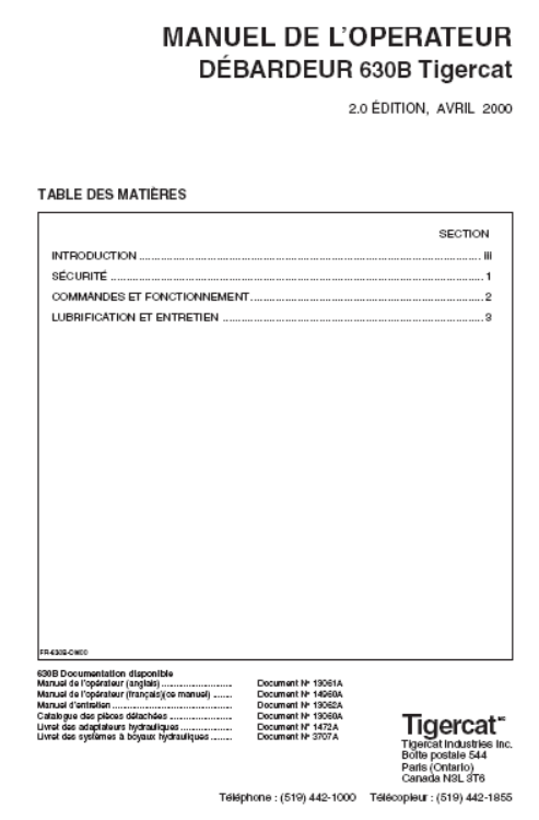 Tigercat 630B Skidder Operator/User Manual (6301001-6301999)