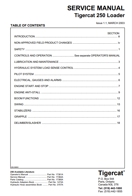 Tigercat 250 Loader Service Repair Manual (2500101-2500499)
