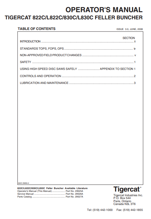 Tigercat 822C Feller Buncher Operator/User Manual (82211001-82213000, 82211001-82211999)