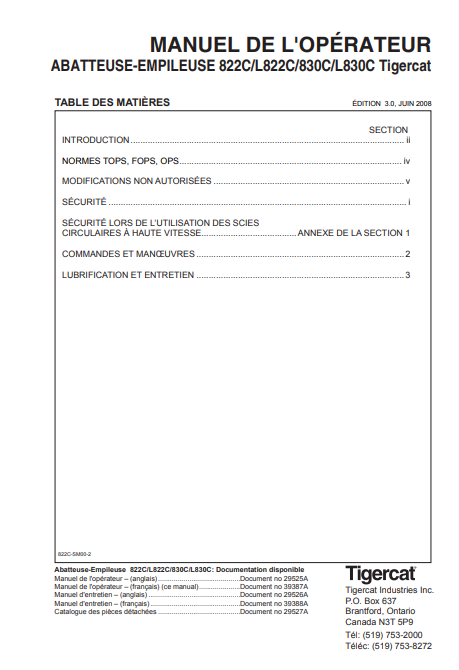 Tigercat 822C Feller Buncher Operator/User Manual (82211001-82213000, 82211001-82211999) French
