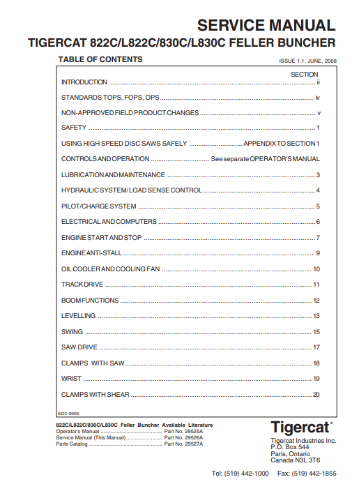 Tigercat 822C Feller Buncher Service Repair Manual (82211001-82213000, 82211001-82211999)