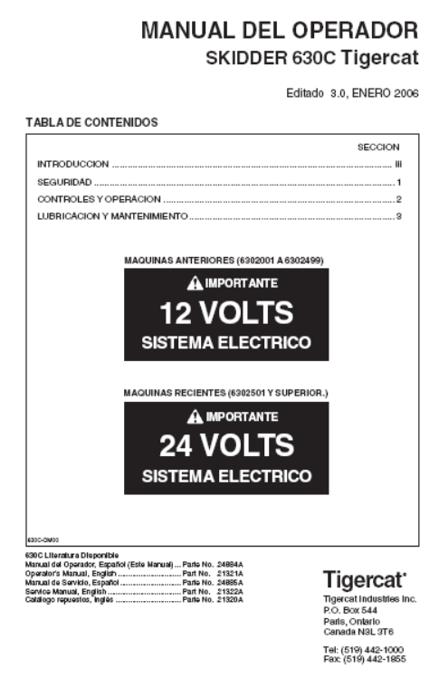 Tigercat 630C Skidder Operator/User Manual (6302001-6303000)
