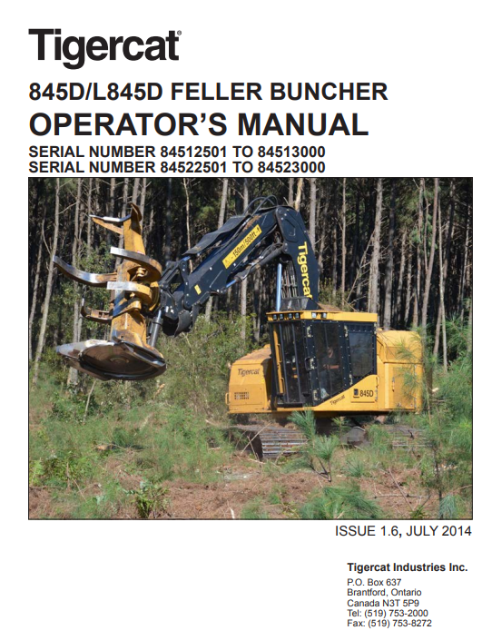 Tigercat 845D Feller Buncher Operator/User Manual (84512501-84513000)