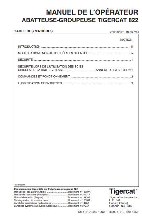 Tigercat 822 Feller Buncher Operator/User Manual (8220101 - 82210999, 8220101-8220999)