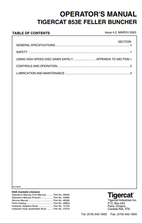 Tigercat 853E Feller Buncher Operator/User Manual (8530101-8530450)