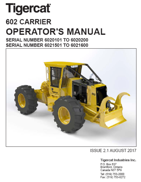 Tigercat 602 Dual Winch Skidder Operator/User Manual (6020101-6027600, 6021501-6021600)