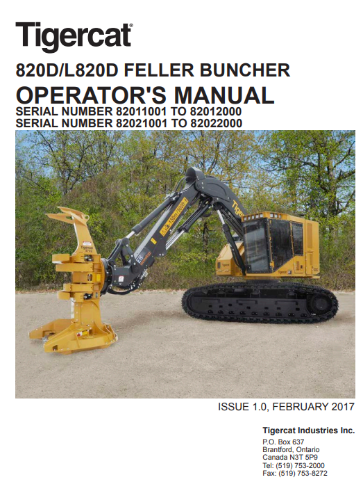 Tigercat 820D Feller Buncher Operator/User Manual (82011001-82012000)