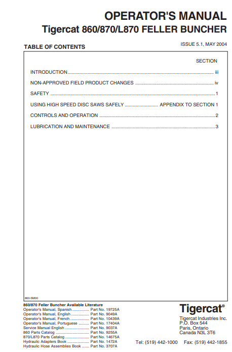 Tigercat 870 Feller Buncher Operator/User Manual (8700101-87011499)