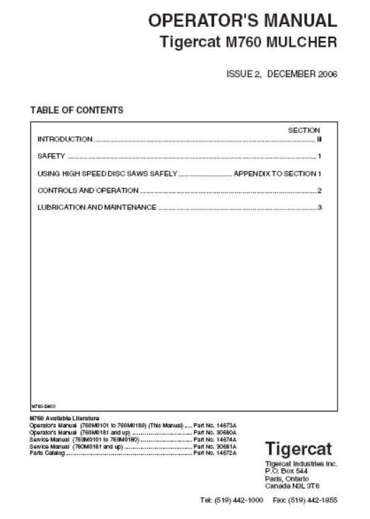 Tigercat M760 Mulcher Operator/User Manual (760M0101-760M0500, 760M0101-760M0180)
