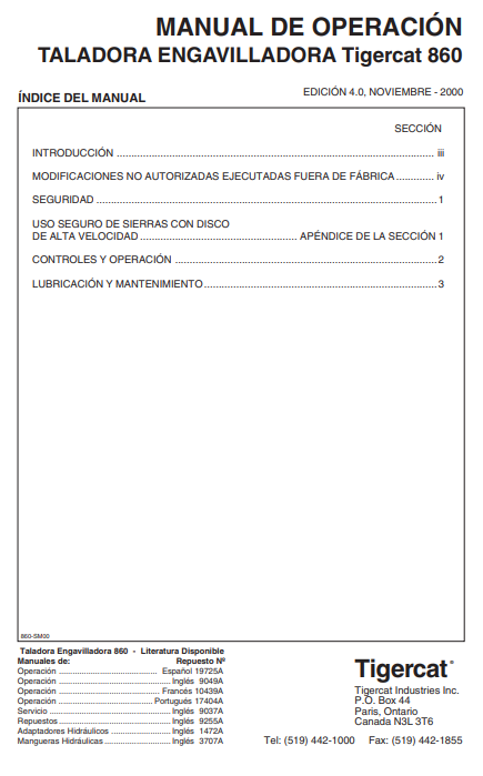 Tigercat 860 Feller Buncher Operator/User Manual (8600501-86011499)