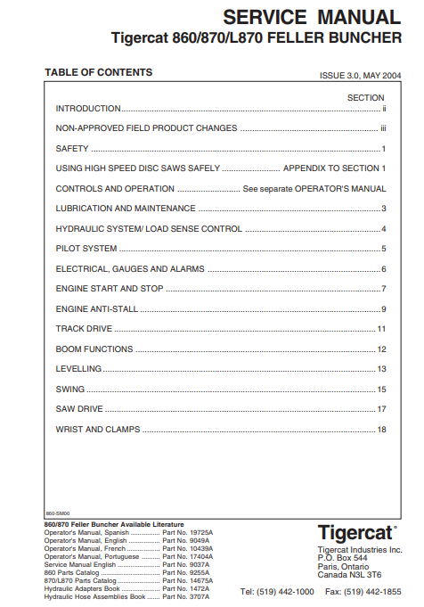 Tigercat 860T Feller Buncher Service Repair Manual (860T508-860T799)