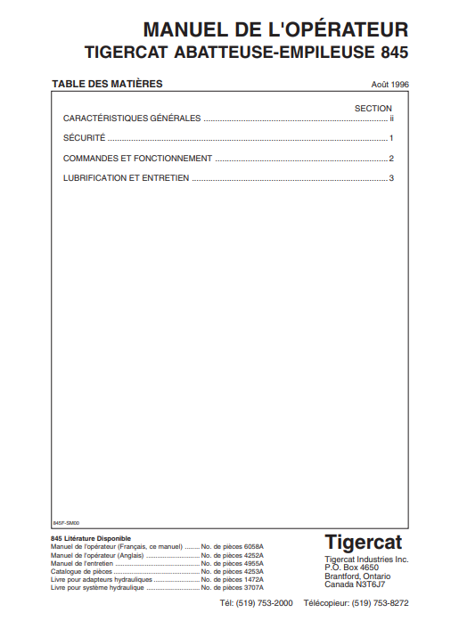 Tigercat L845 Feller Buncher Operator/User Manual (845T475-845T500)