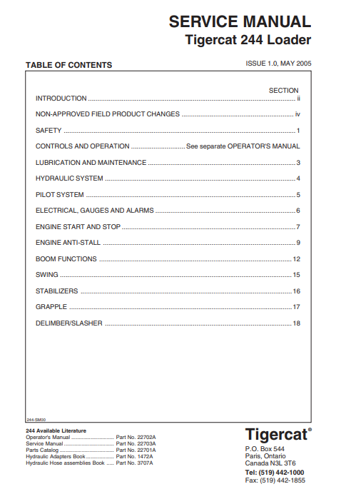 Tigercat 244 Loader Service Repair Manual (2440111-2440500)