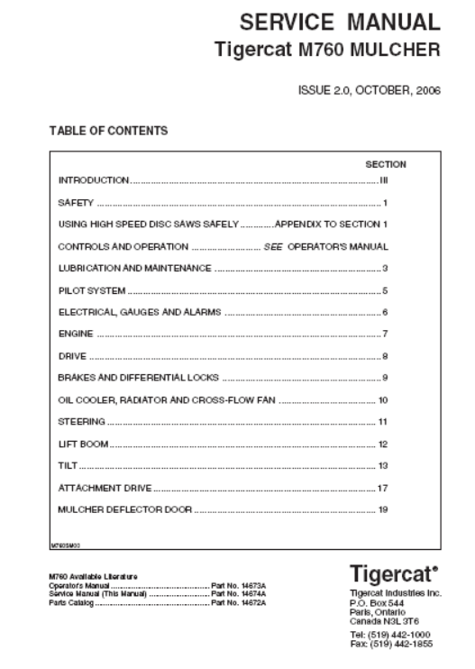 Tigercat M760 Mulcher Service Repair Manual (760M0101-760M0500, 760M0101-760M0180)