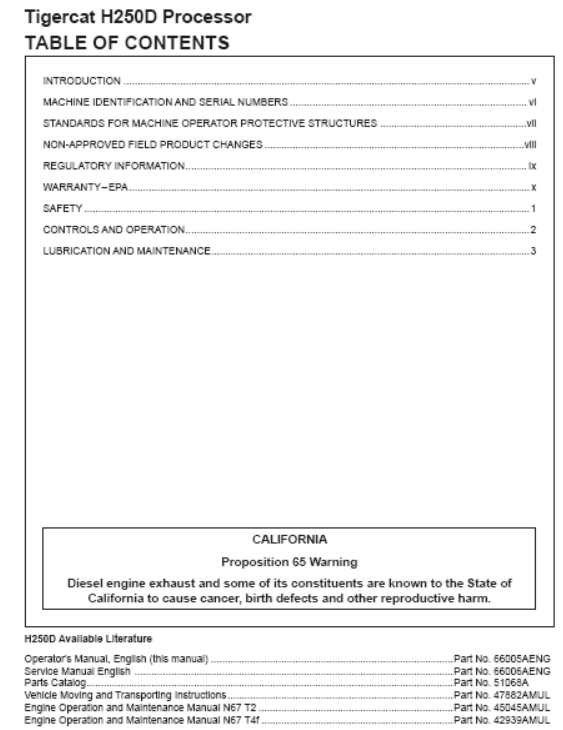 Tigercat H250D Processor Operators/User Manual (250H3001-250H3500)