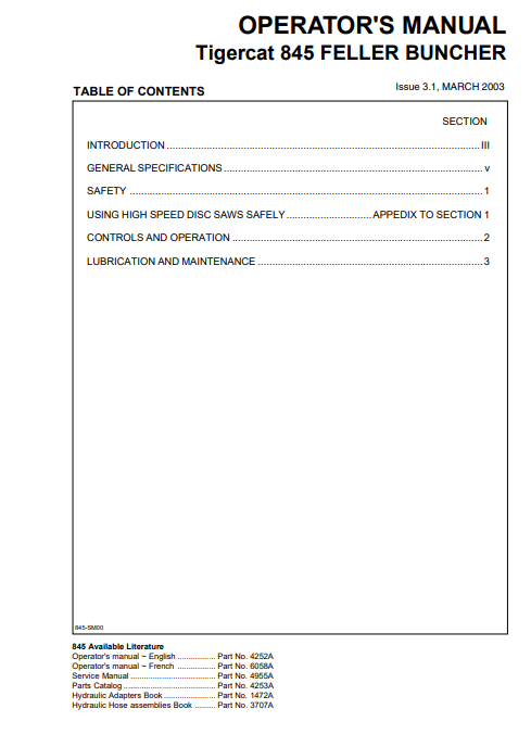 Tigercat 845 Feller Buncher Operator/User Manual (8450101-8450475)