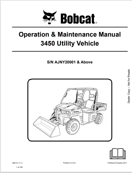 BOBCAT 3450 UTILITY VEHICLE OPERATION & MAINTENANCE MANUAL (6990191) - PDF FILE