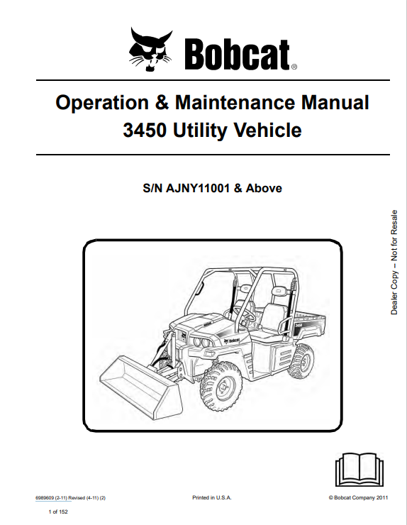 BOBCAT 3450 UTILITY VEHICLE OPERATION & MAINTENANCE MANUAL (6989609) - PDF FILE