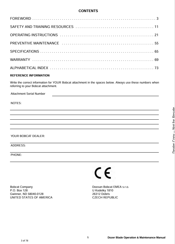 BOBCAT DOZER BLADE 68, 80, 90 (6900819) OPERATION AND MAINTENANCE MANUAL PDF FILE